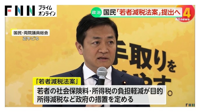【国民民主党】30歳未満対象の「若者減税法案」を10日に提出へ　参院選に向けて若者の支持拡大を図る狙い